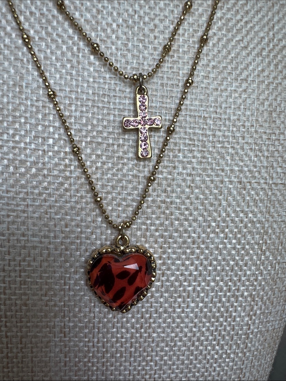 Betsey Johnson Gold-Tone Necklace with Pink Leopard Heart & Pink Crystal Crosss - Picture 4 of 4